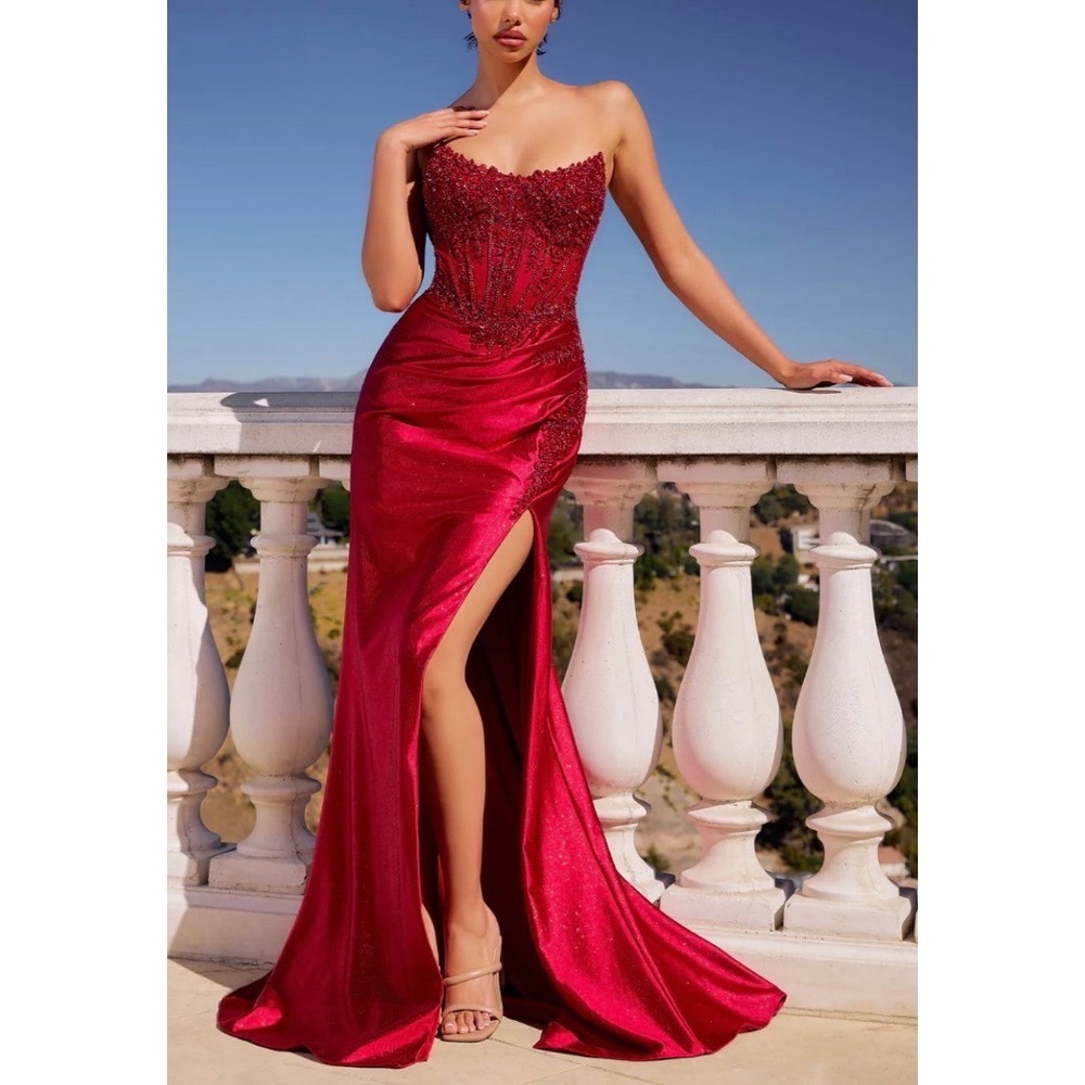 Cinderella Divine 6 Red Evening Gown Sequin Beaded Strapless Slit Prom Dress